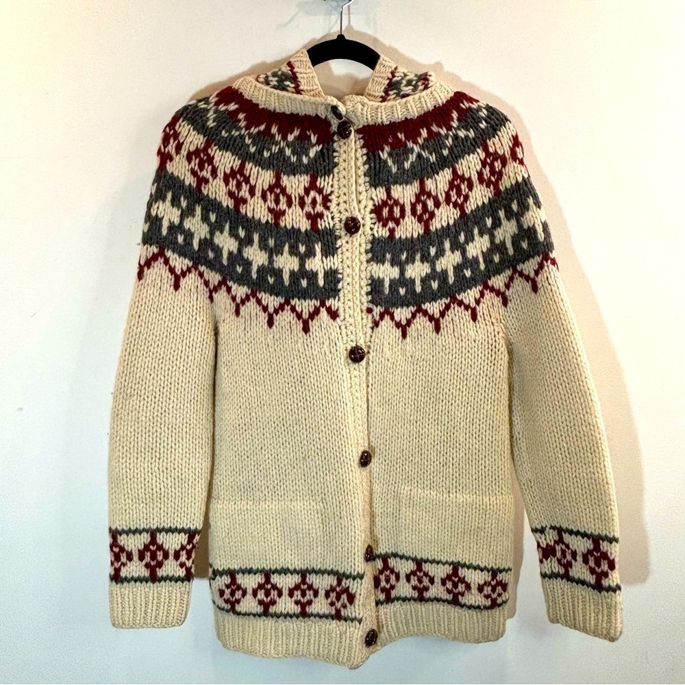 CARDIGAN Sz M Buttoned  Hooded Icelandic Design Seam Pockets Handmade Cardigan